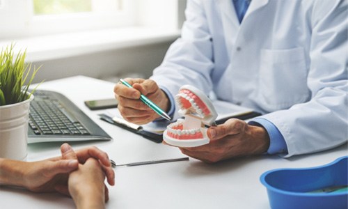 Dentist pointing to model of teeth with pen